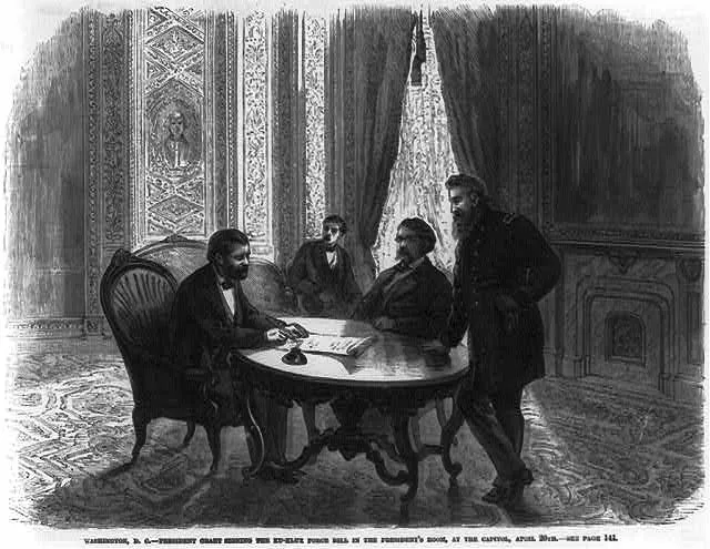 President Grant signing the Ku-Klux Force Bill in the President's room with Secretary Robeson and Gen. Porter, at the Capitol, April 20.