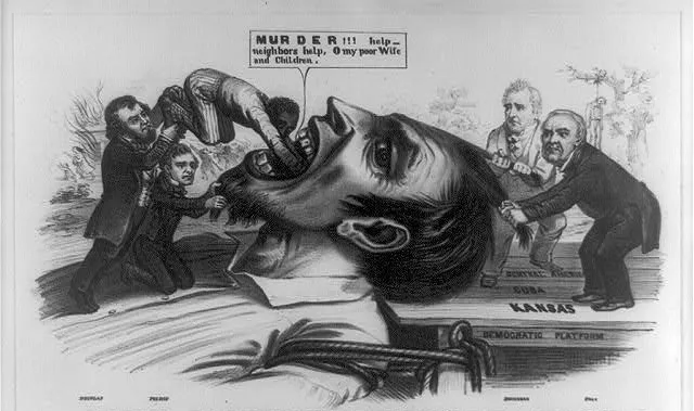 Political cartoon titled Forcing Slavery Down the Throat of a Freesoiler
